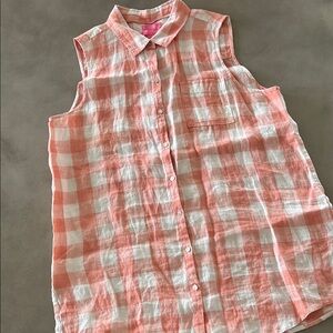 100% linen Sleeveless Peach and White Plaid Shirt by Isaac Mizrahi in size L